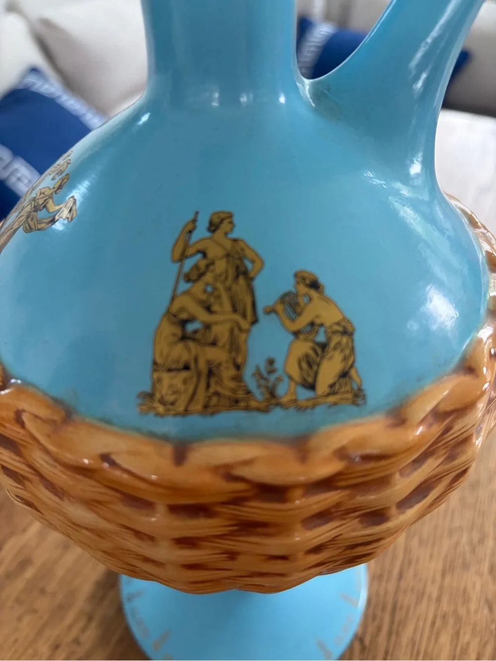 Source Unknown Blue and Brown Wicker-Style Ceramic Pitcher Duo